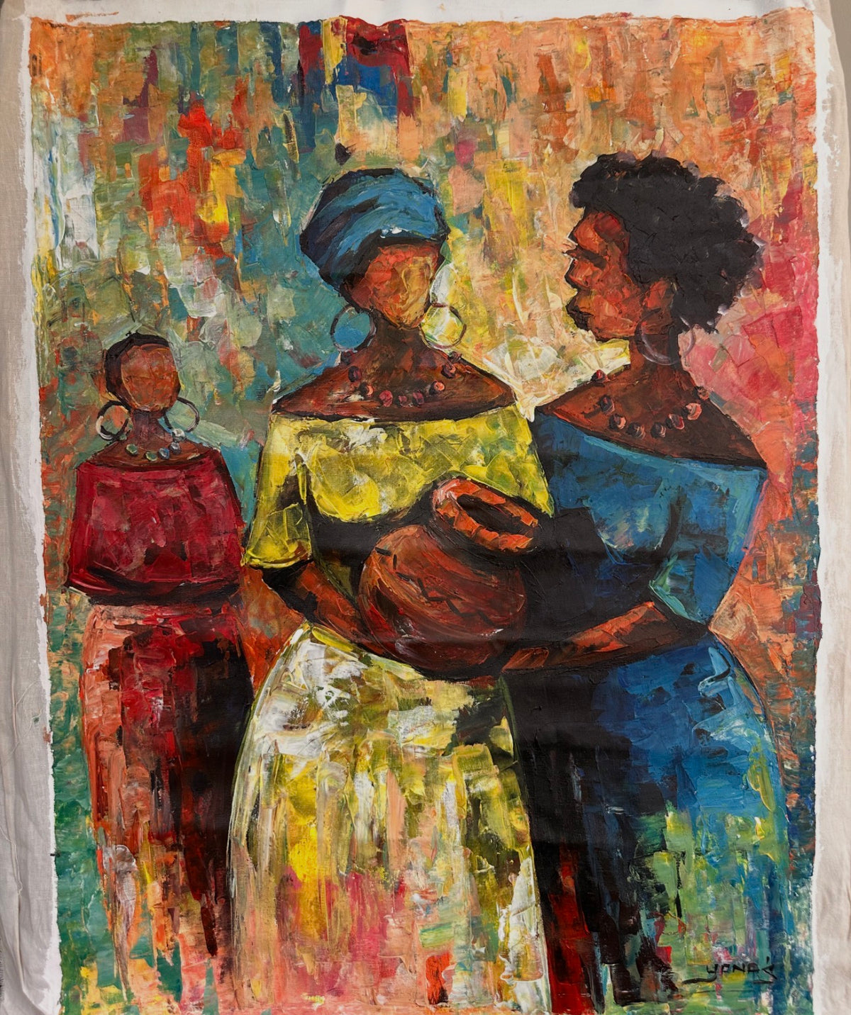 Colourful figurative artwork showing three women in red, yellow and blue clothing with an earthenware vessel.