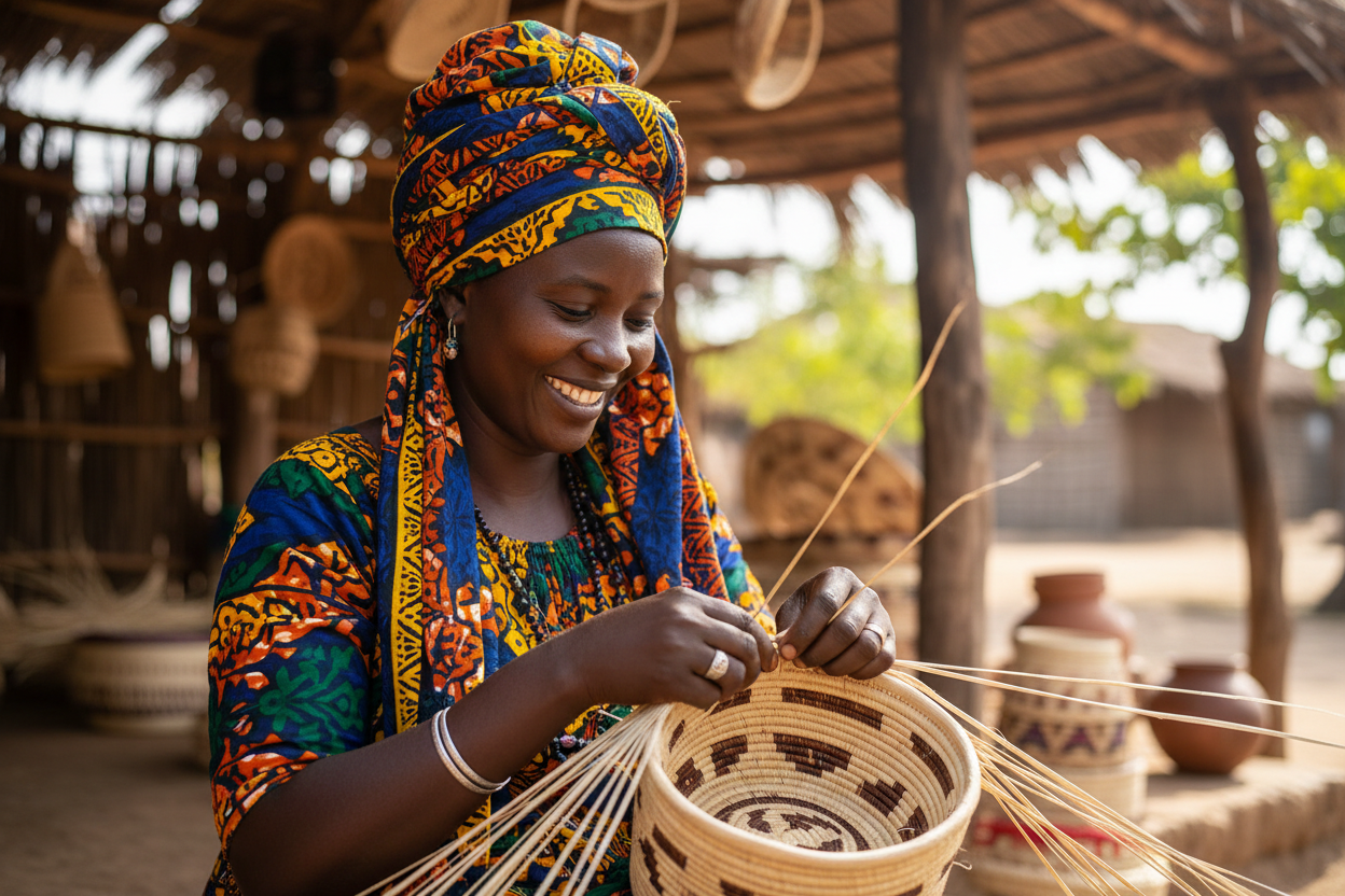an african woman smiling beautifu l with a head wrap weaving a basket by hand 